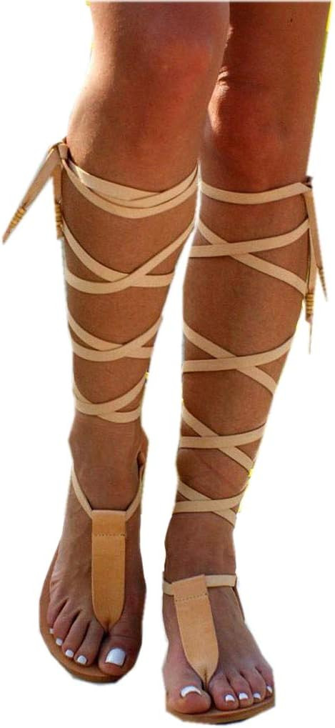 Women Gladiator Sandals Flat,Summer Strappy Lace Up Open Toe Knee High Flat Sandal | Amazon (US)