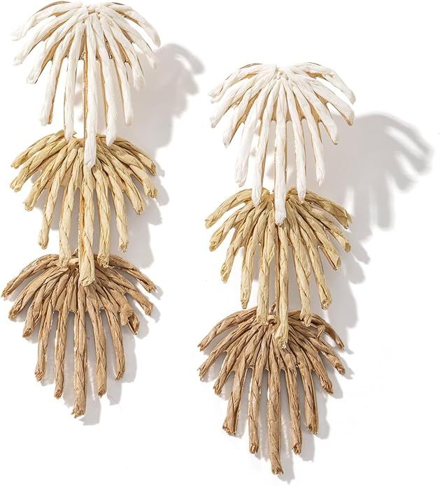 Raffia Palm Leaf Drop Dangle Earring- Handmade Boho Statement Earrings for Summer | Amazon (US)