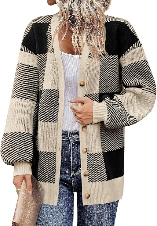 Saodimallsu Womens Checkered Sweater Color Block Plaid Cardigan V Neck Puff Sleeve Button Down Lo... | Amazon (US)