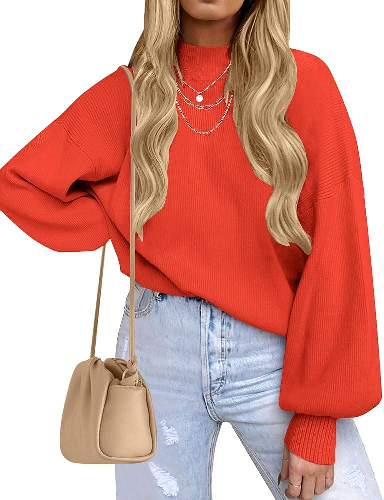 ZESICA Women's 2023 Casual Turtleneck Long Lantern Sleeve Oversized Ribbed Knit Pullover Sweater ... | Amazon (US)