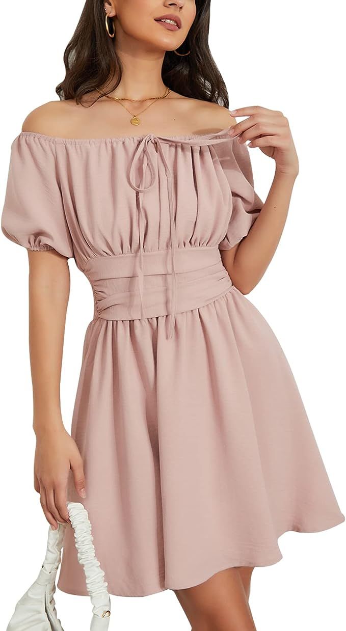 EXLURA Women’s Off Shoulder Party Dress Ruched Drawstring Smocked Short Puff Sleeve High Waist ... | Amazon (US)