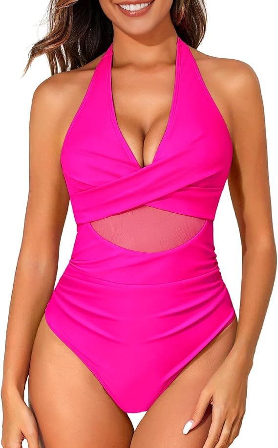 Women Sexy V Neck One Piece Swimsuit Tummy Control Halter Push Up Bathing Suit Cutout Mesh Swimwe... | Amazon (US)