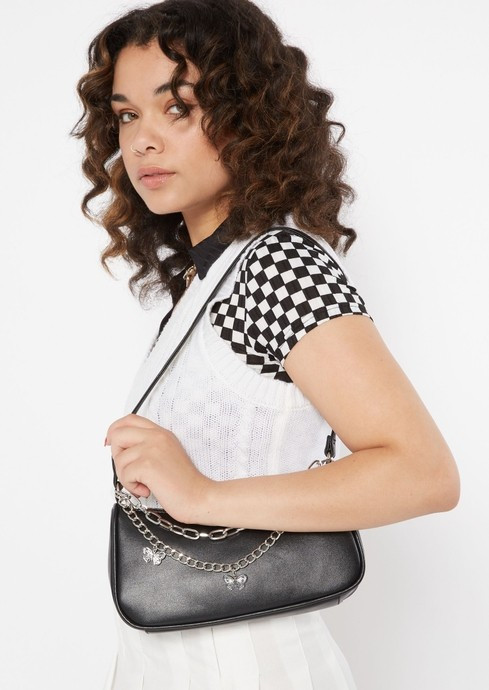 Black Faux Leather Silver Butterfly Chain Handbag | rue21
