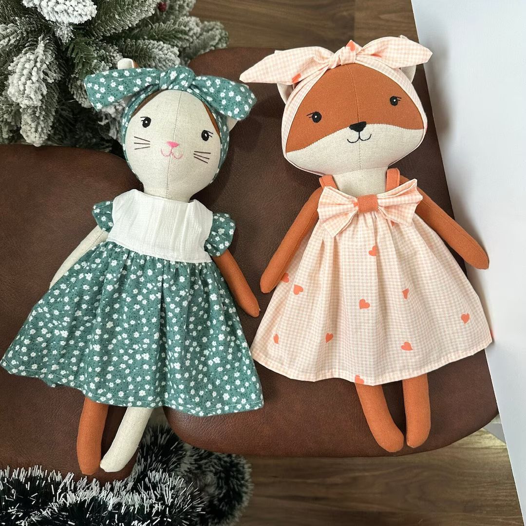 Handmade Sewing Doll Handmade Cat Doll and Handmade Fox Doll With Dress Linen Toy 15,8 Inches 40c... | Etsy (US)