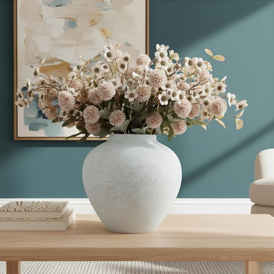 White Rustic Large Round Vase for Table Centerpieces 11 inches, Arina Vase, Earthy Stone Look, Te... | Amazon (US)