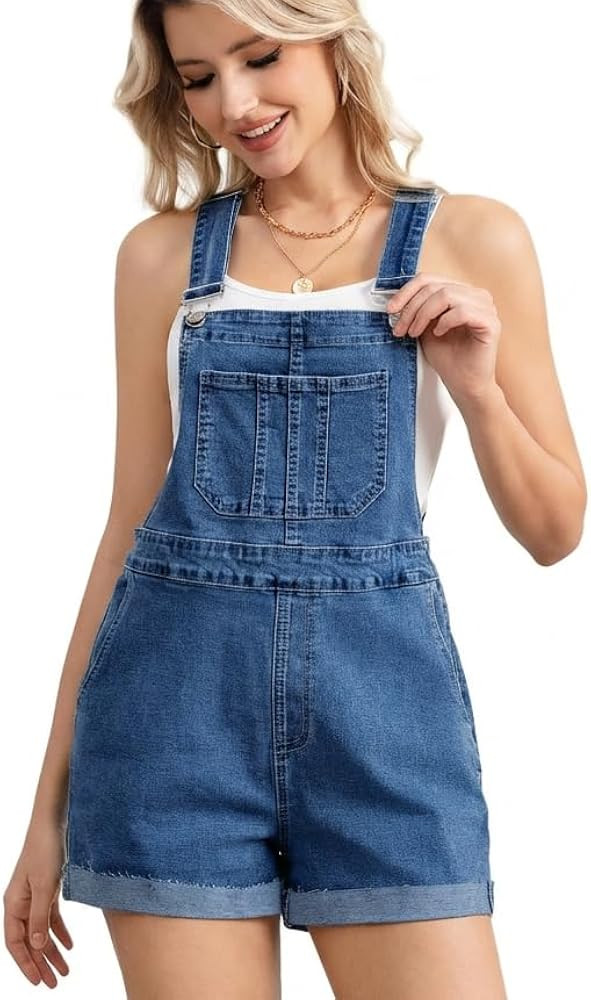 Women's Stretch Denim Overall Shorts with Adjustable Straps, Pockets | Amazon (US)