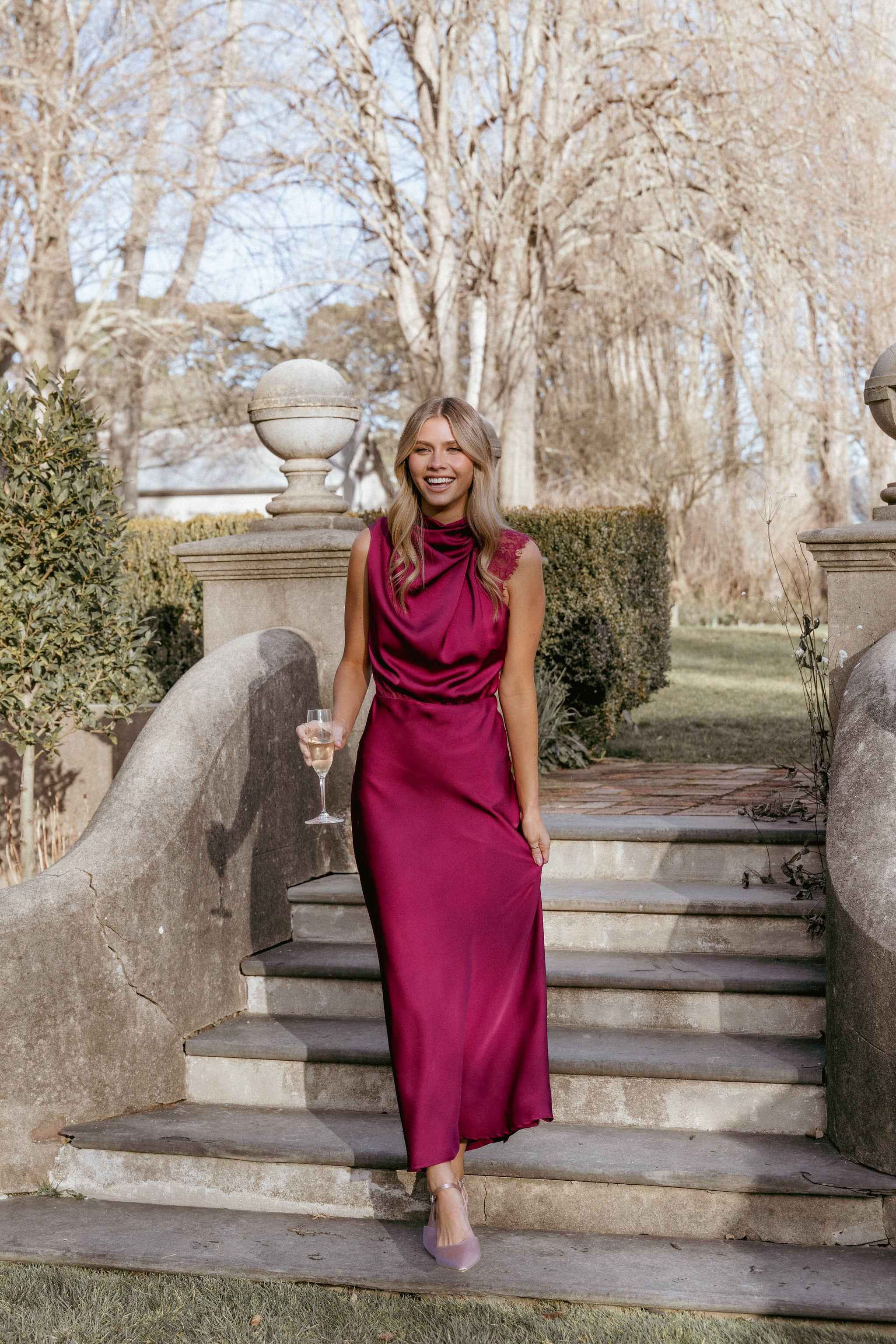 Anabelle Halter Neck Lace Maxi Dress - Berry | Petal & Pup (US)