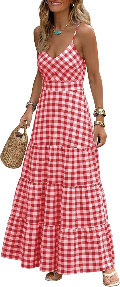 Caracilia Summer Maxi Dresses for Women Spaghetti Strap Back Smocked A Line V Neck Casual Long Dr... | Amazon (US)
