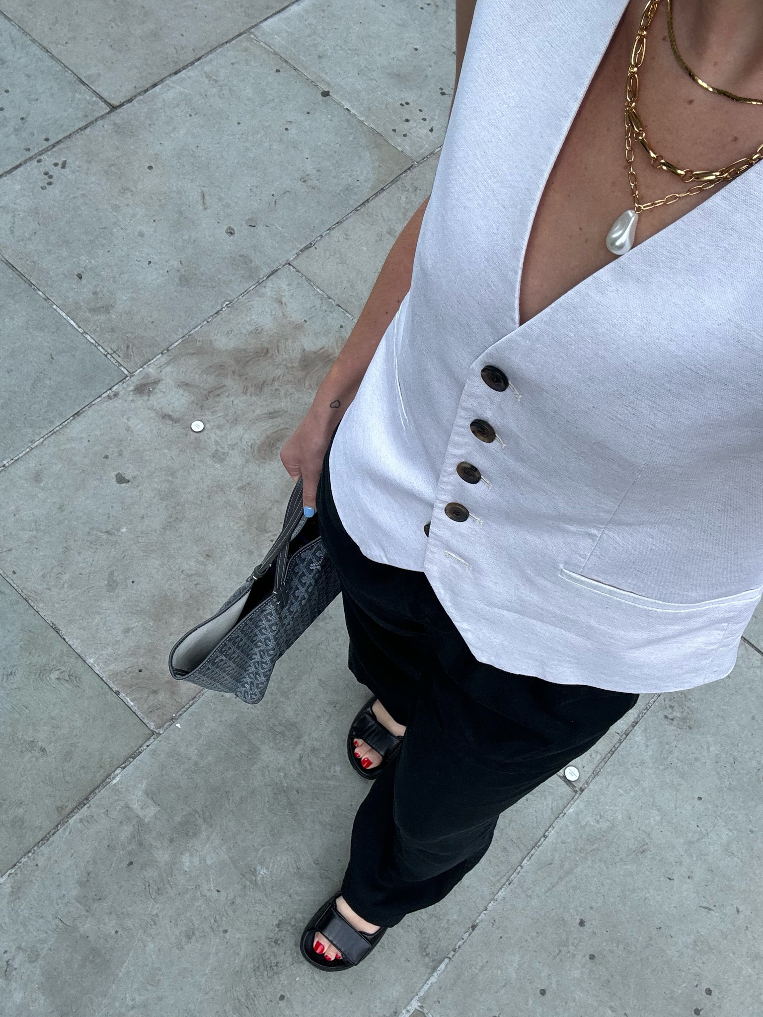 Casual work outfit / London summer / office outfit / black linen trousers / black trousers / linen waistcoat / waistcoat style / gold jewellery / statement necklace / prada dad sandals / asos / H&M 

#LTKuk #LTKstyletip #LTKsummer