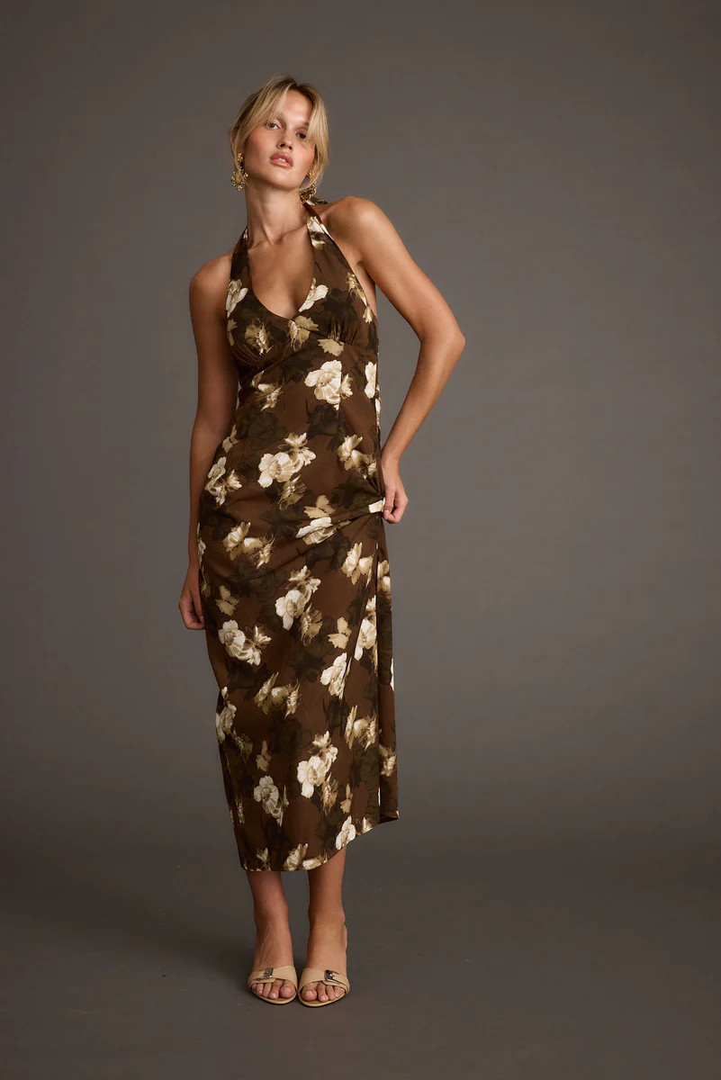 Audrina Brown Floral Halter Maxi Dress | 12th Tribe