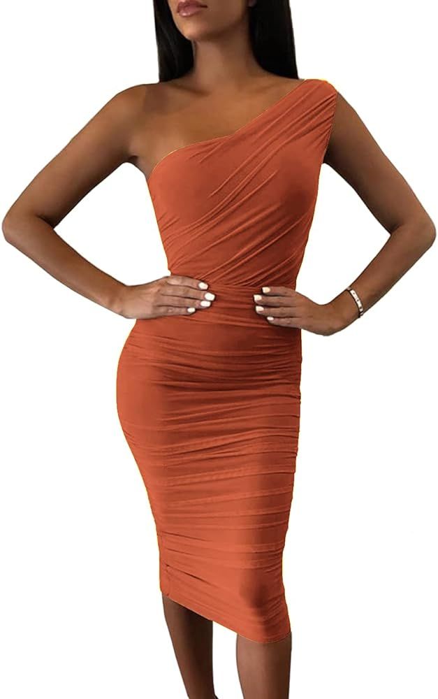 Pofash Women's Off The Shoulder Long Sleeve Mesh Ruched Cocktail Party Midi Bodycon Dress | Amazon (US)