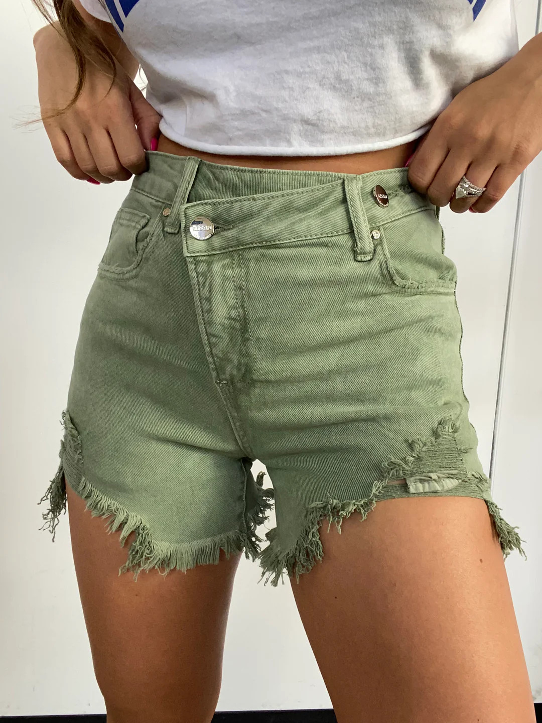 Lindsey Asymmetrical Distressed Shorts- Olive Green | Willow Boutique