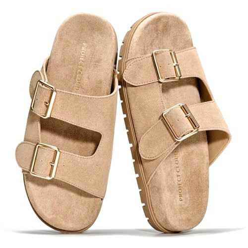Project Cloud 100% Genuine Leather Womens Sandals Comfortable & Non-Slip Slides for Women - Plush & Soft Insole Ladies Sandals Women Footwear (LANURA,BEIGESUEDE,5.5M) | Amazon (US)