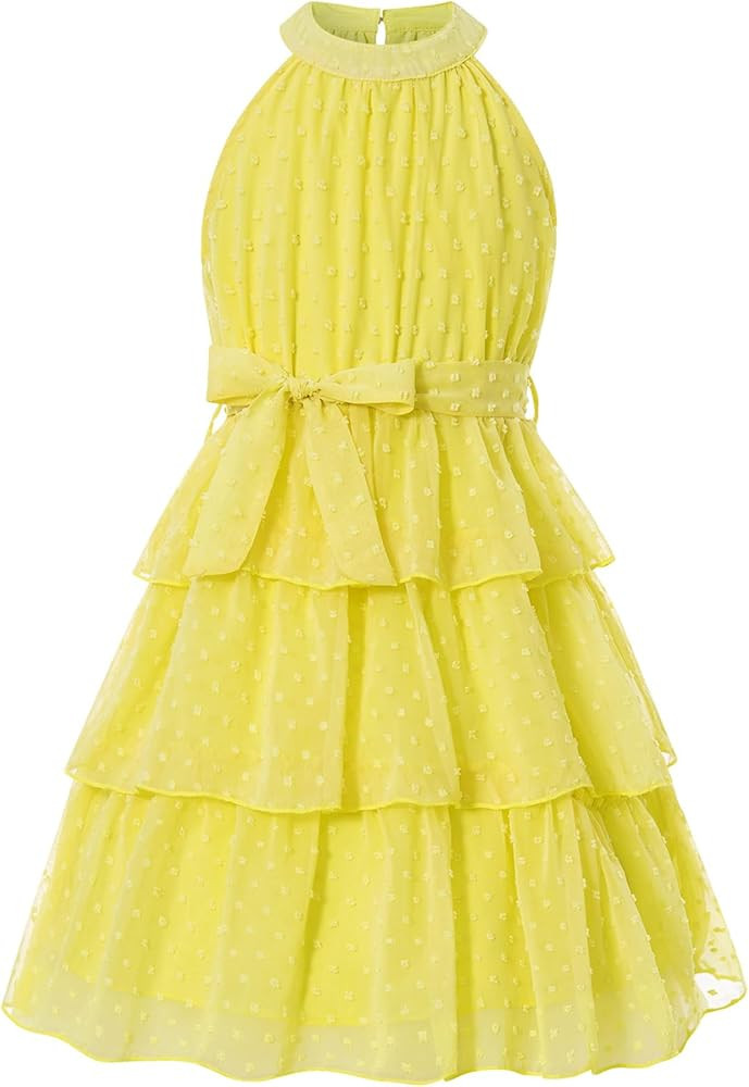 Move Dance Girls Halter Neck Dress Summer Flared A-Line Swiss Dot Chiffon Sundress 6-13 Years Old | Amazon (US)