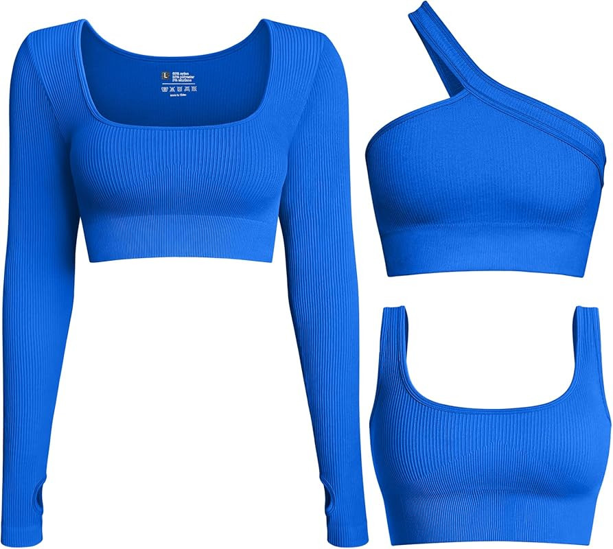 OQQ Women's 3 Piece Crop Tops Ribbed Long Sleeve Workout Tops One Shoulder Yoga Crop Top Exercise... | Amazon (US)