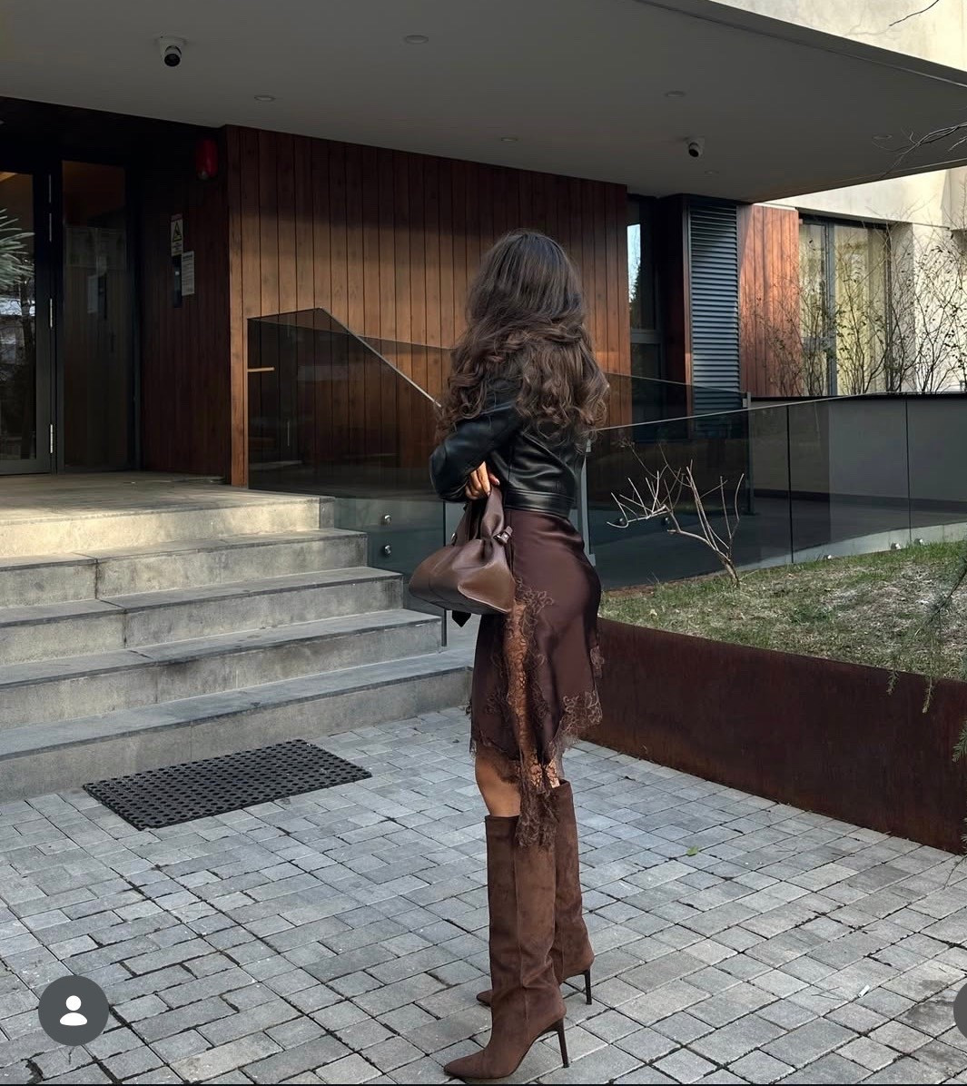 Brown lace asymmetrical dress
Black leather jacket
Brown boots 

#LTKSpringSale #LTKFestival #LTKPetite