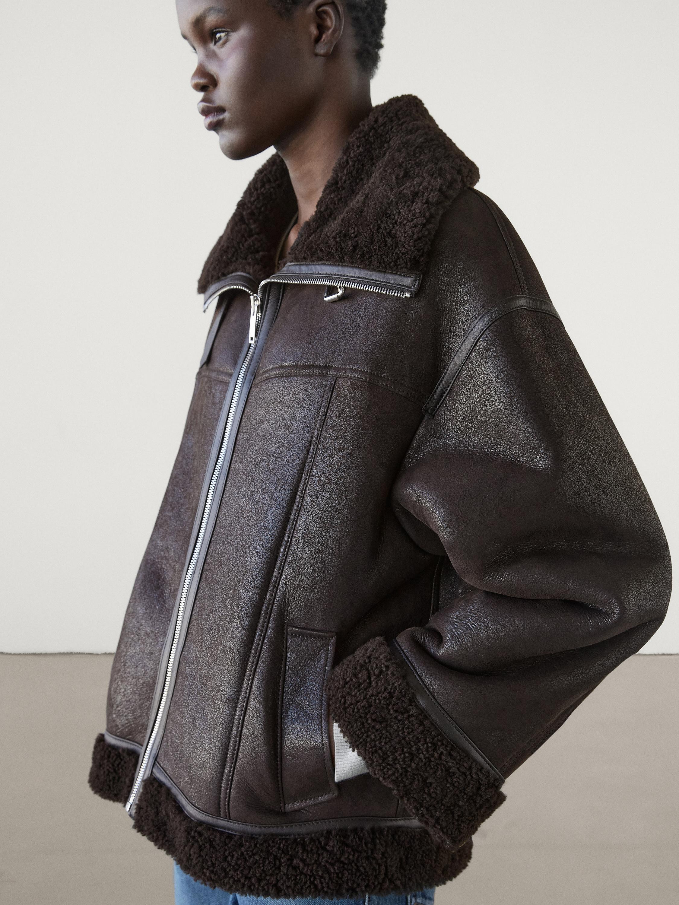 Leather aviator coat with seam details | Massimo Dutti UK