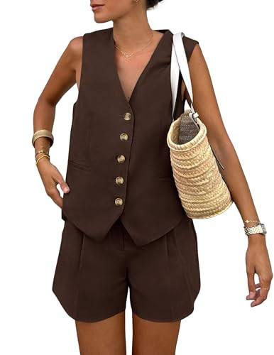 PRETTYGARDEN Women's Summer 2 Piece Outfits Sleeveless Matching Sets Button Down V Neck Vest Waistcoat and Pockets Shorts (Dark Coffee,Small) | Amazon (US)