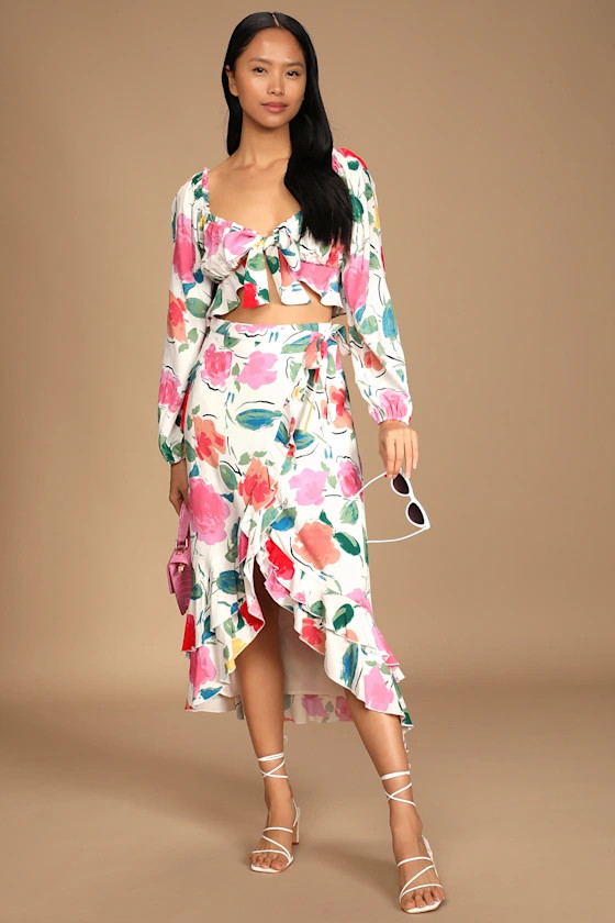Painted Perfection White Floral Print Ruffled Wrap Midi Skirt | Lulus (US)