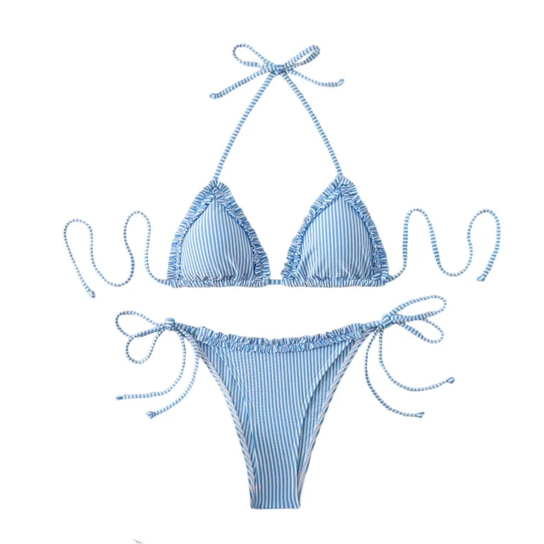 DORKASM Women's Blue Stripe Bikini Set – Ruffled Trim Top & Side Tie Bottom, Summer Swimwear Bl... | Walmart (US)