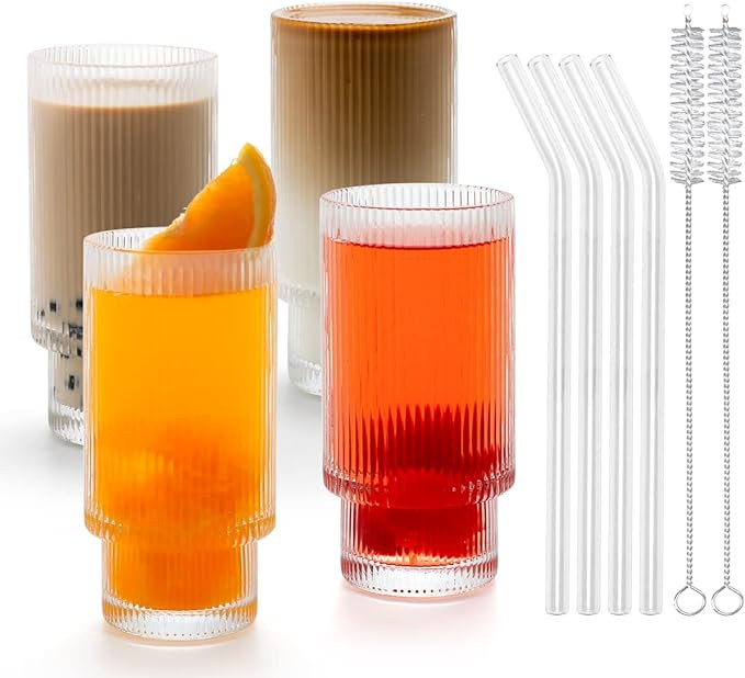 4 Pack Ribbed Drinking Glasses, 10.5 Ounce Origami Style Glass Cup with Glass Straws, Ripple Vint... | Amazon (US)