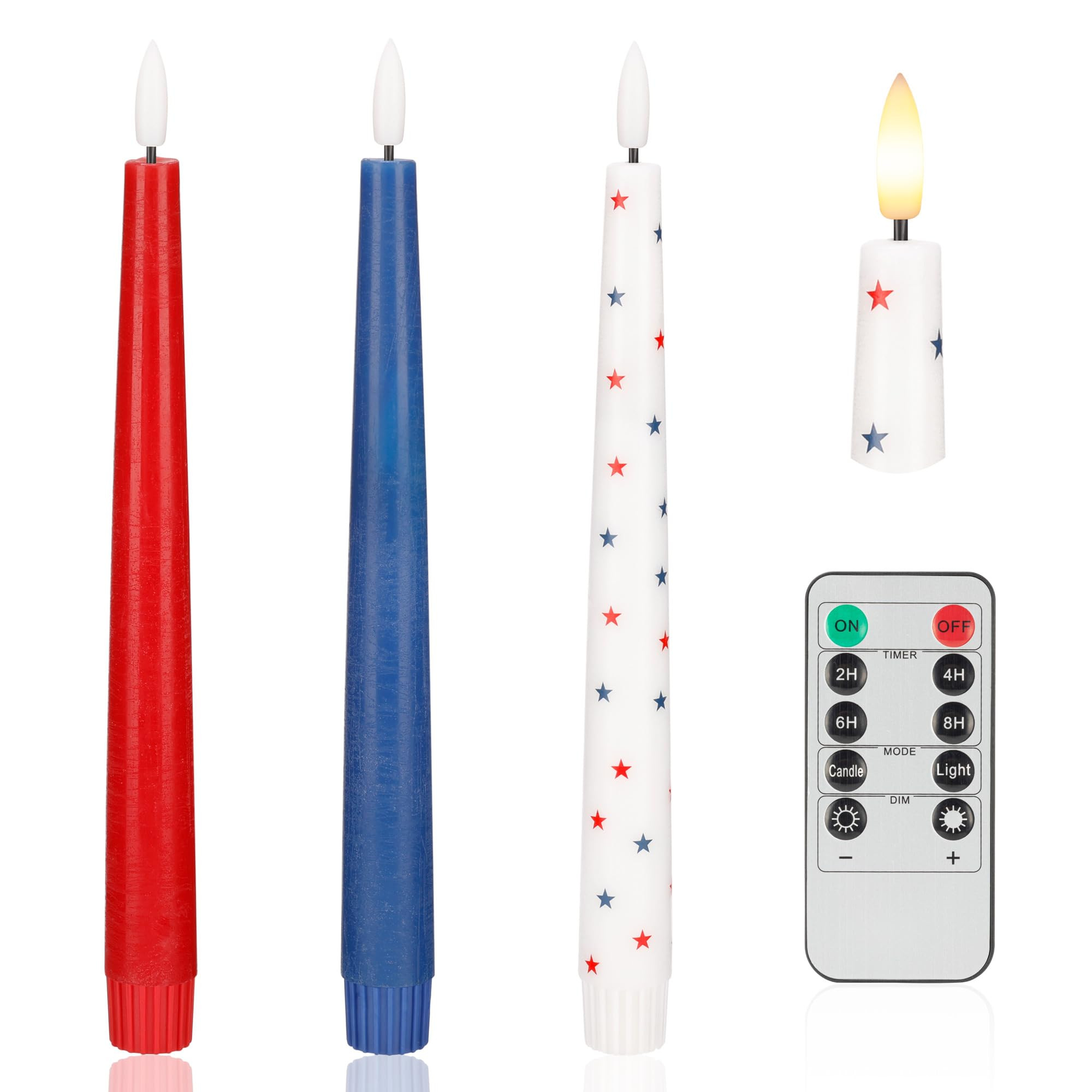 Red White and Blue Star Candles, Flameless Taper Candles with 3D Wick, Real Wax 4th of July Flame... | Amazon (US)