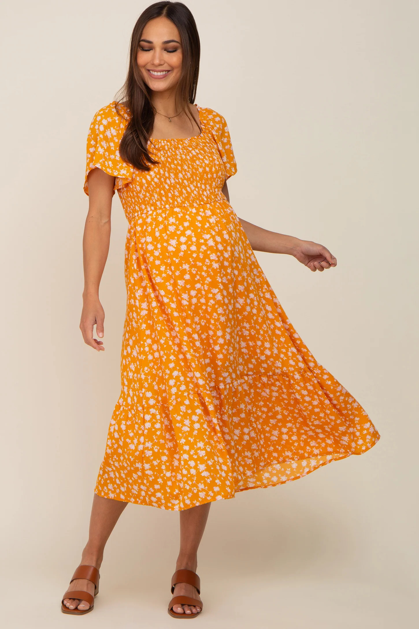 Yellow Floral Smocked Maternity Midi Dress | PinkBlush Maternity