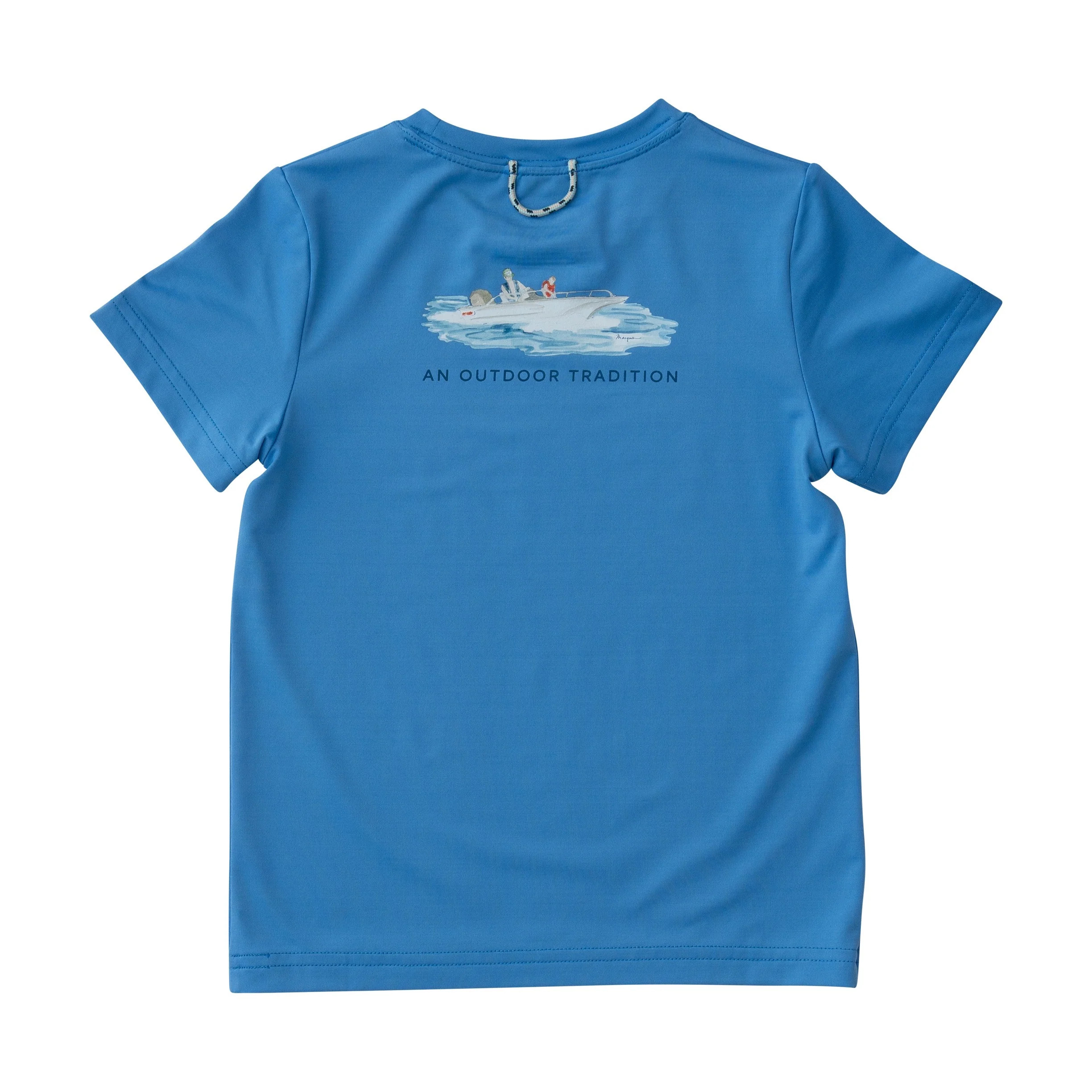 Kids Pro Performance Short Sleeve Fishing T-shirt in Marina Blue with Father Son Fishing Boat | PRODOH