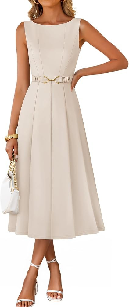 ZESICA Women Summer Sleeveless Midi Dresses 2026 Elegant Boat Neck A Line Tie Waist Spring Cockta... | Amazon (US)