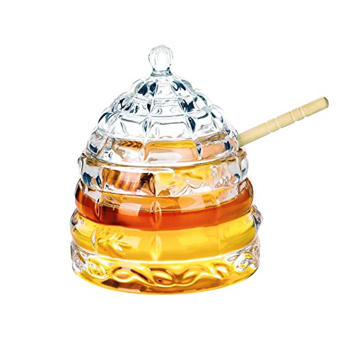 1500 C Tabletop Bee-hive Glass Honey Jars with Dipper and Lid 10 oz. Crystal Clear Heavy Glass Honey Pot Honey Containers Holder for Jam Jelly Syrup Home& Kitchen | Amazon (US)