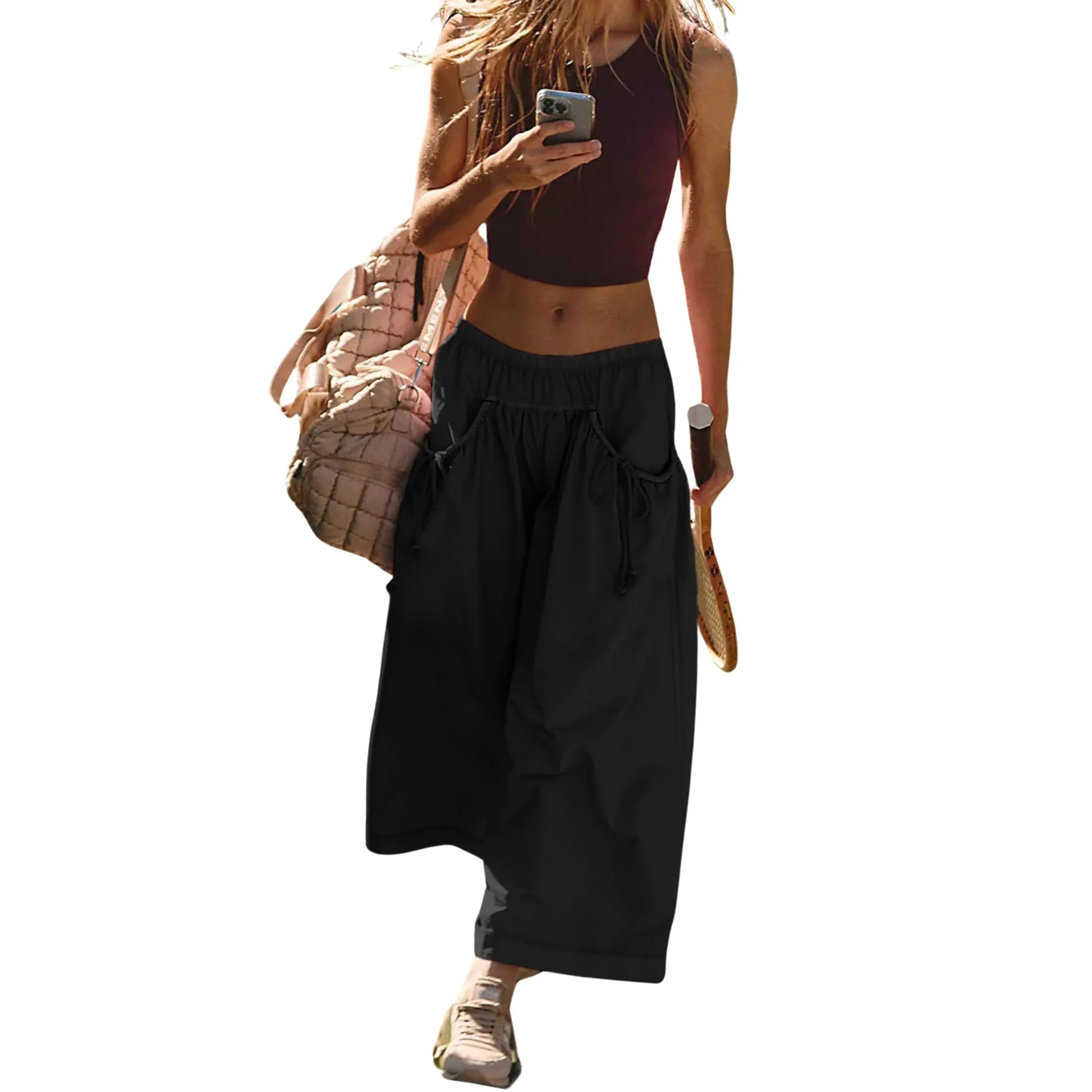 Lentta Womens Loose Wide Leg Track Pants Drawstring Pockets Elastic Waist Capri Hiking Pants | Walmart (US)