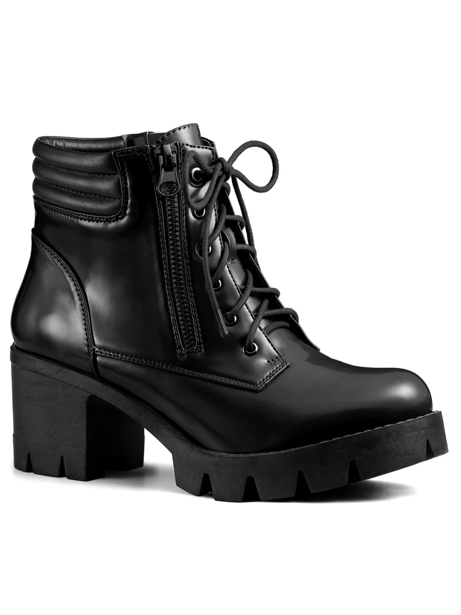 BLISSFUL STEP Women's Rounded Toe Side Zip Combat Block Heel Ankle Boots Black 10 | Walmart (US)