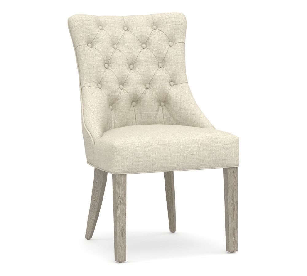 Hayes Upholstered Tufted Dining Side Chair, Gray Wash Frame, Basketweave Slub Oatmeal | Pottery Barn (US)