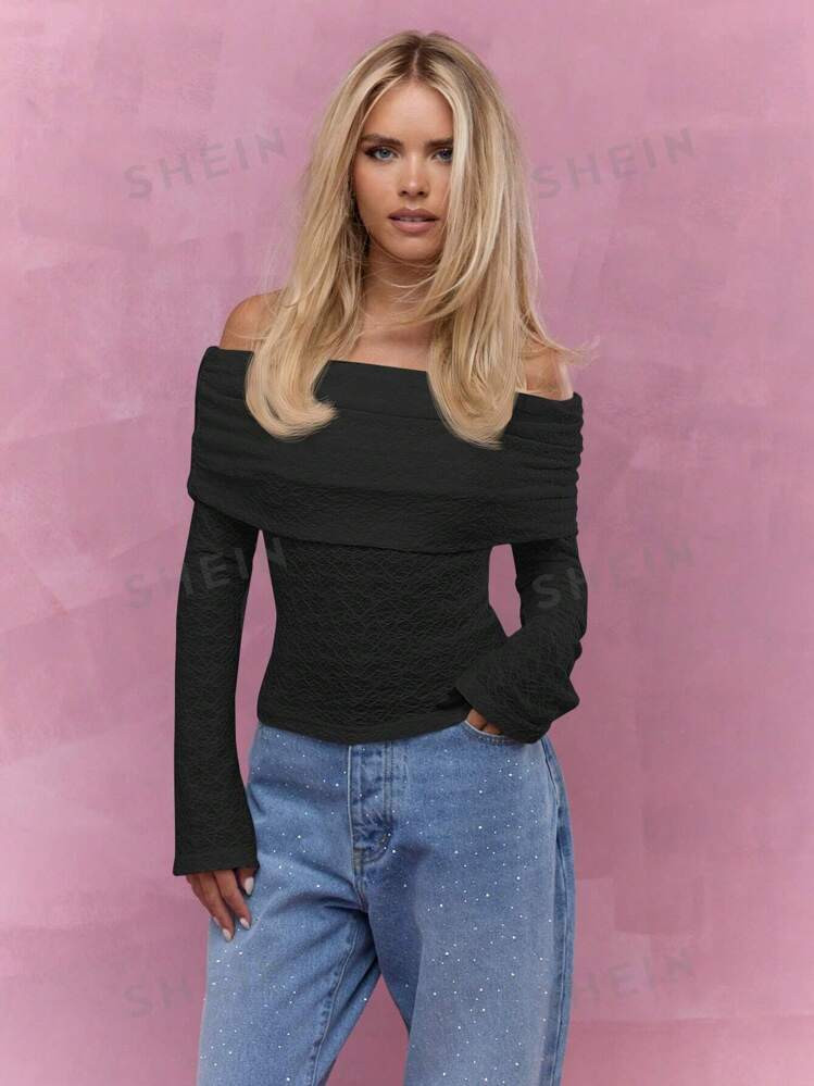$9.99             MISSGUIDED Textured Ruched Off-Shoulder Long Sleeves Top4.95(21)Color: Black Si... | SHEIN