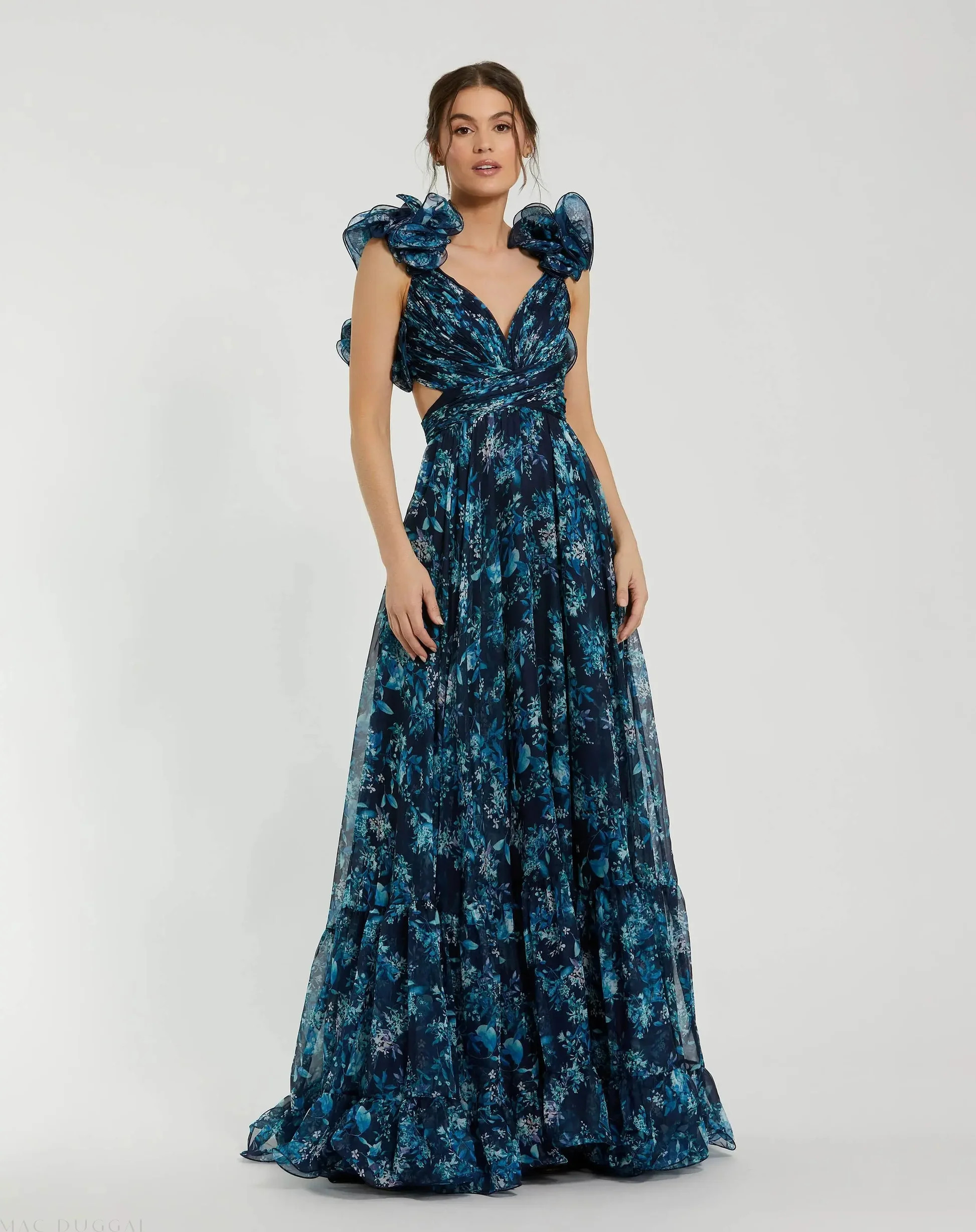Pink Ruffle Tiered Floral Cut-Out Chiffon Gown | Mac Duggal | Mac Duggal