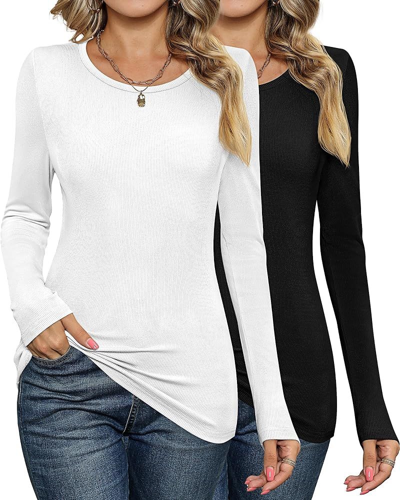 2 Pack Women's Long Sleeve Shirts, Ribbed Slim Fitted Tops Stretch Crew Neck Undershirt Casual Ba... | Amazon (US)