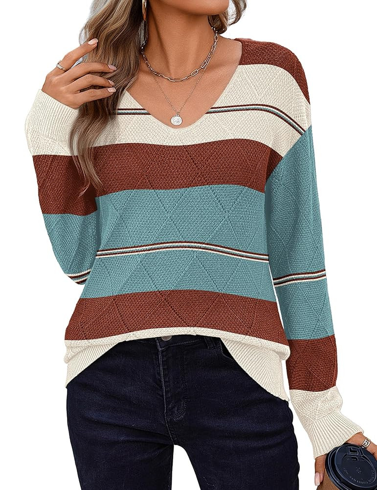 Zeagoo Womens Sweaters Fall 2025 Long Sleeve Knit Pullover V Neck Lightweight Crochet Sweater Top... | Amazon (US)