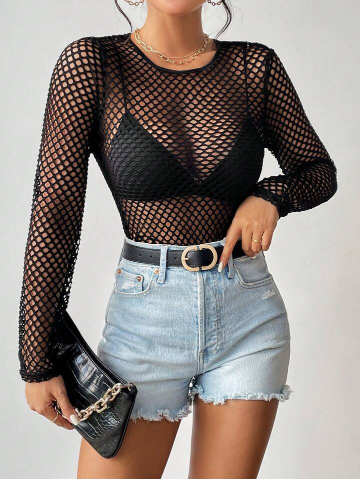SHEIN BAE Hollow Out Fishnet Mesh Top Without Bra | SHEIN