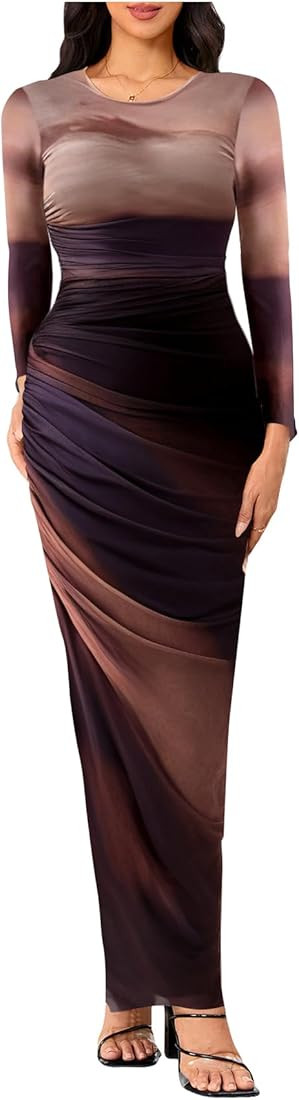 BEAUDRM Women's Tie Dye Ruched Long Sleeve Dress Mesh Slim Fit Bodycon Maxi Dresses Maroon Small ... | Amazon (US)