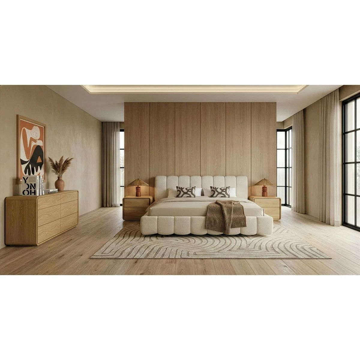 Harris + Dustin - Modern Off-white Fabric + Natural Oak 4-piece Bedroom Set | Wayfair North America