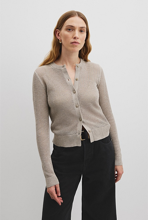 Organically Grown Cotton Linen Open Mesh Knit Cardigan | Country Road