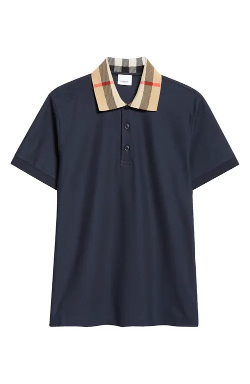 burberry Cody Check Collar Cotton Piqué Polo in Smoked Navy at Nordstrom, Size X-Large | Nordstrom