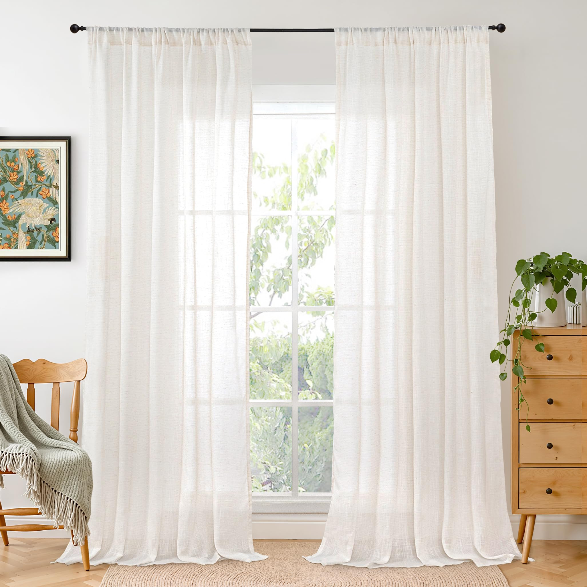 BGment Linen Semi Sheer Curtains 84 Inches Long 2 Panels Set for Living Room - Ivory Light Filter... | Amazon (US)