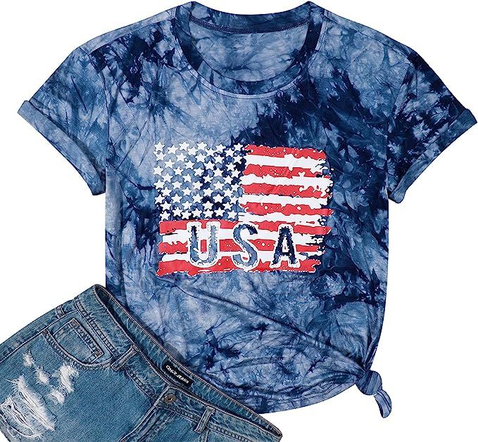 Women American Flag Shirt USA 4th of July Independence Day T-Shirt Patriotic Stars Stripes Short ... | Amazon (US)