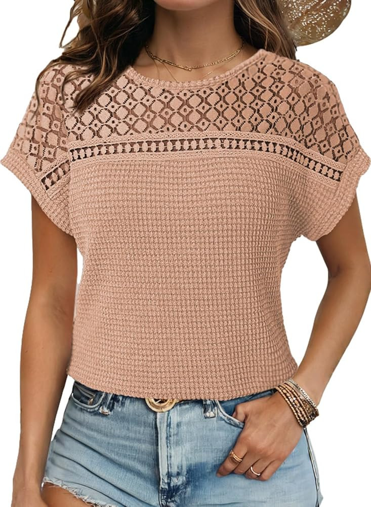 Dokotoo Women's Tops Casual Scoop Neck Short Sleeve Waffle Knit Hollow Out Shirts Loose Tunic Top... | Amazon (US)