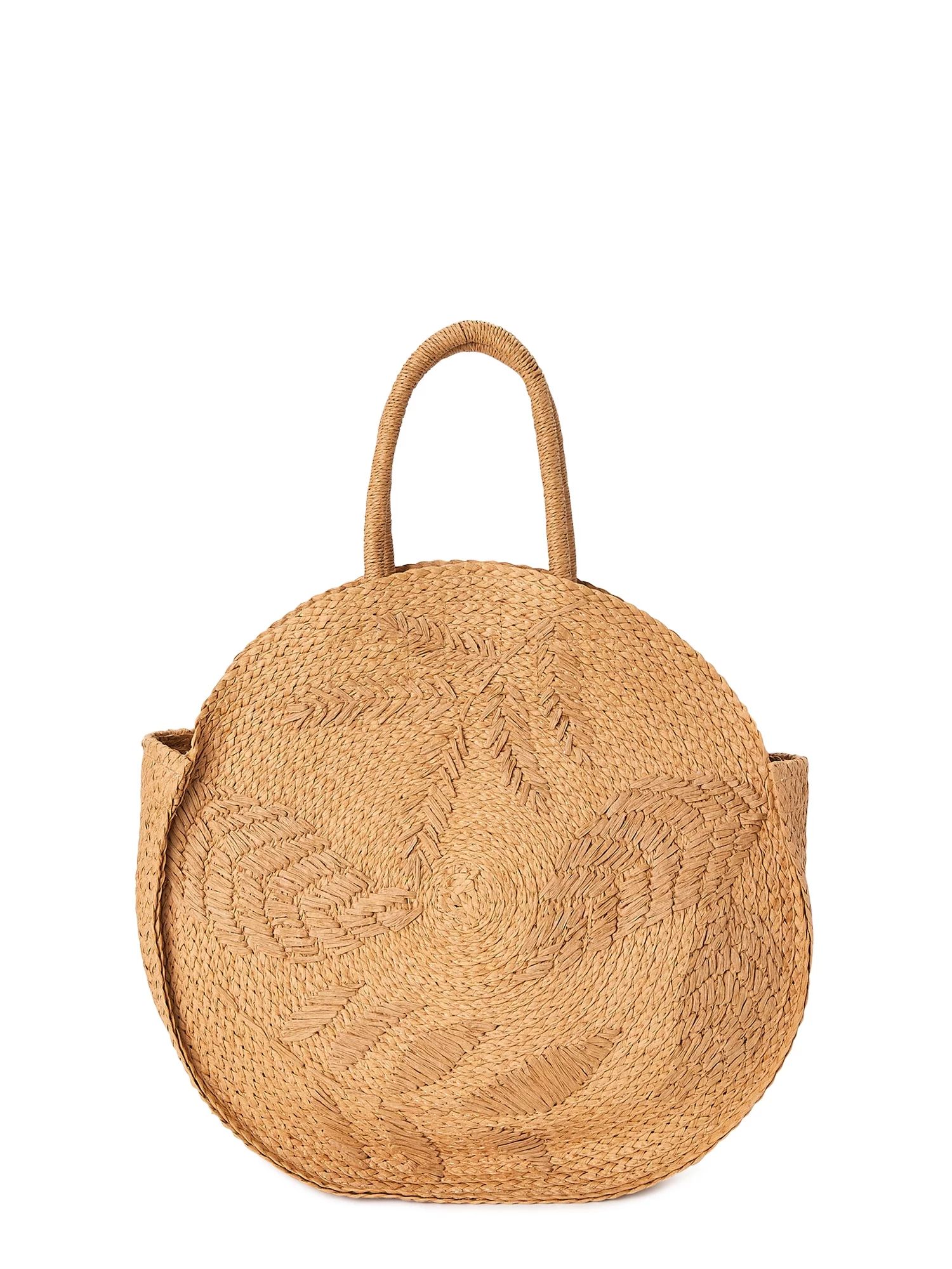 Time and Tru Women’s Circle Straw Tote Bag Natural Embroidery - Walmart.com | Walmart (US)