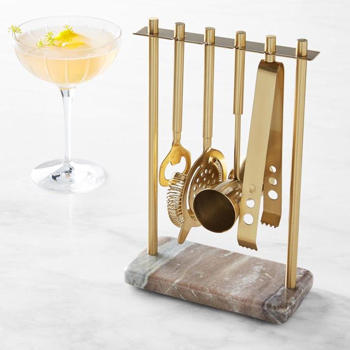 White Marble & Brass Hanging Bar Tools Set | Williams-Sonoma