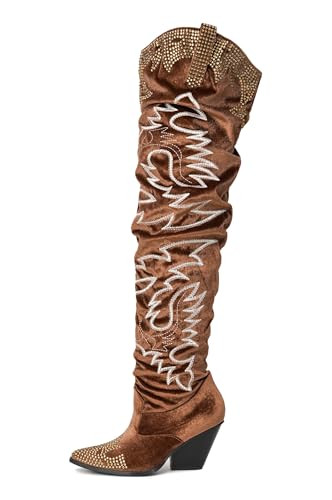 Women Ladies Thigh High Cowboy Boots Over The Knee Western Cowgirl Boots with Chunky Block Low Heels Lish Brown 7.5 | Amazon (US)