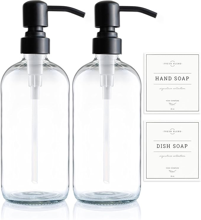 Vine Creations Clear Glass Soap Dispenser 2 Pack, Thick 16oz Bottles Rustproof Stainless Steel Pu... | Amazon (US)