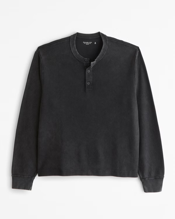 Long-Sleeve Grid Waffle Cropped Henley | Abercrombie & Fitch (US)